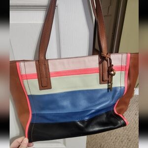 Colorful Striped Leather Tote Bag